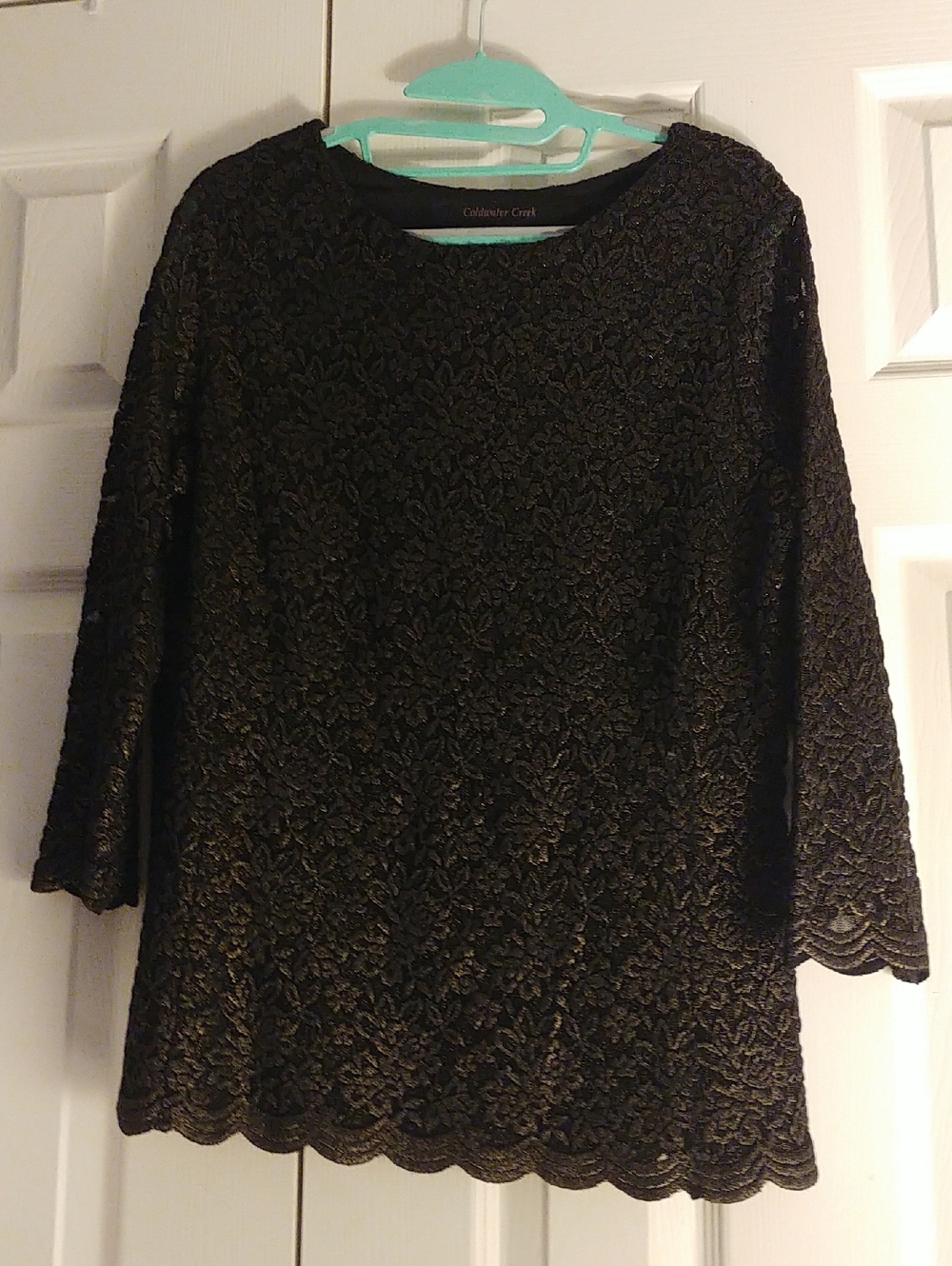 Coldwater Creek Black Crocheted Metallic Lace Top